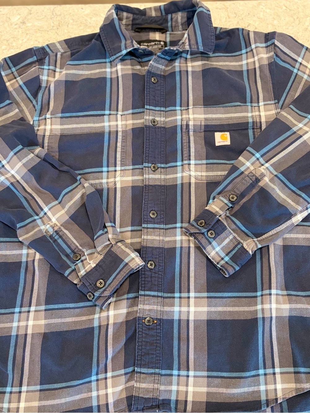 Carhartt Men's Navy and Light Blue Relaxed Fit Plaid Button-Down Shirt-Large
